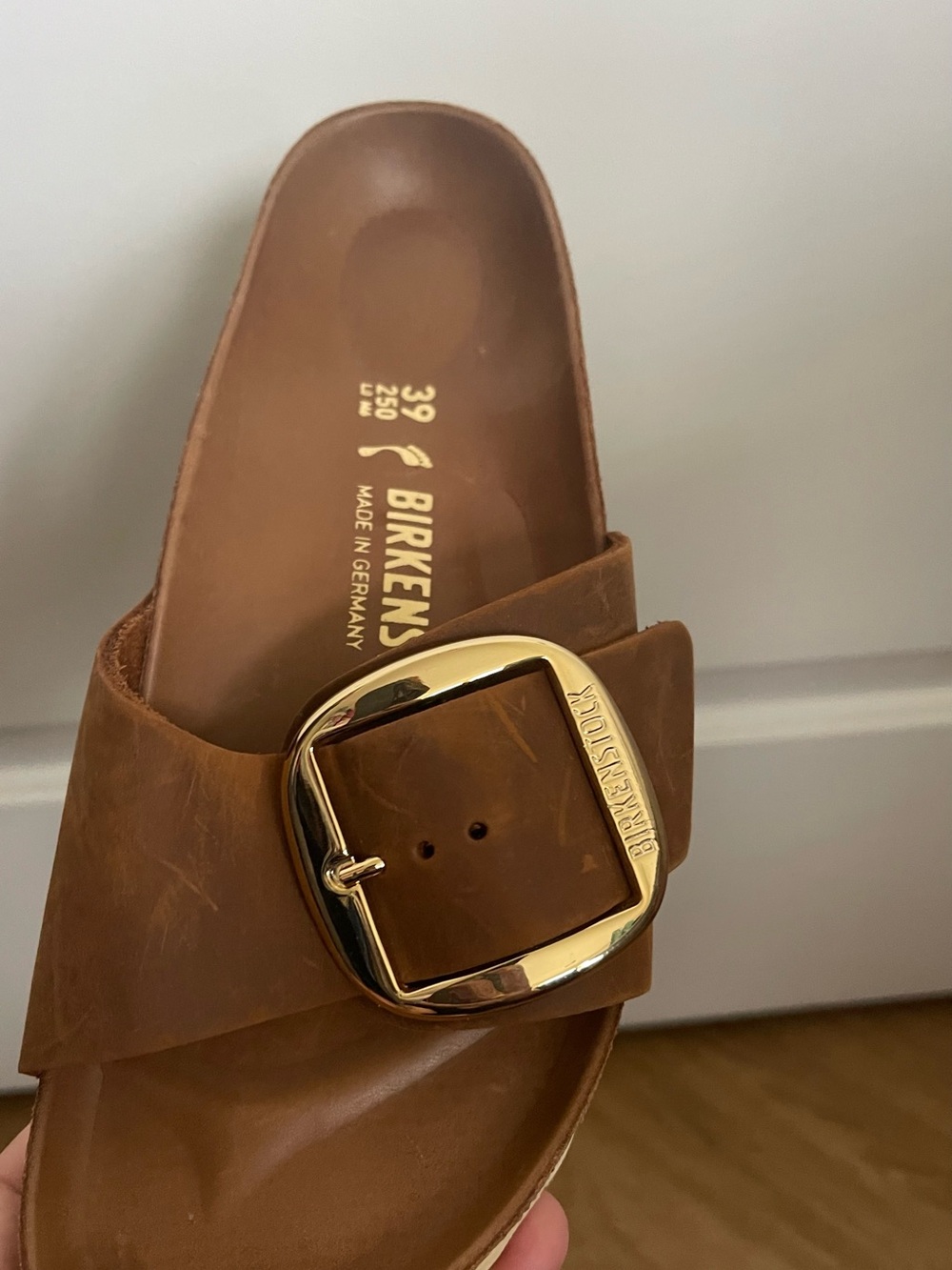 Birkenstock Madrid Big Buckle Cognac Leather Slide Sandals - Picture 9 of 15